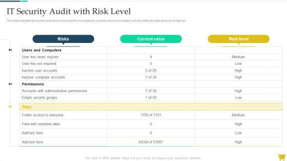 Complete Online Marketing Audit Guide IT Security Audit With Risk Level Clipart PDF