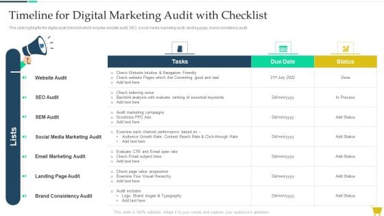 Complete Online Marketing Audit Guide Timeline For Digital Marketing Audit With Checklist Sample PDF