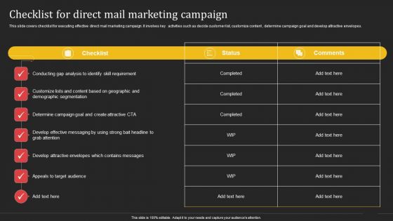 Complete Strategic Manual For Direct Mail Marketing Checklist For Direct Mail Marketing Campaign Inspiration PDF