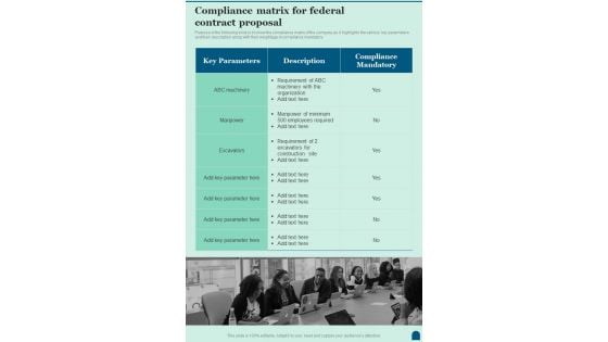 Compliance Matrix For Federal Contract Proposal One Pager Sample Example Document Compliance Matrix For Federal Contract Proposal One Pager Sample Example Document