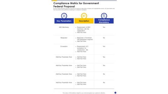 Compliance Matrix For Government Federal Proposal One Pager Sample Example Document Compliance Matrix For Government Federal Proposal One Pager Sample Example Document