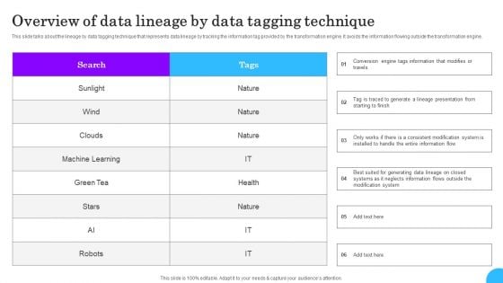 Comprehensive Analysis Of Different Data Lineage Classification Overview Of Data Lineage Data Tagging Elements PDF