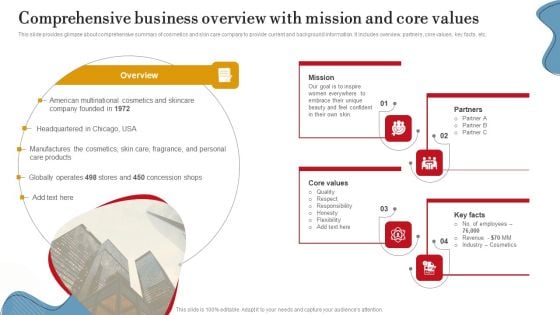 Comprehensive Business Overview With Mission And Core Values Ppt PowerPoint Presentation Diagram Graph Charts PDF