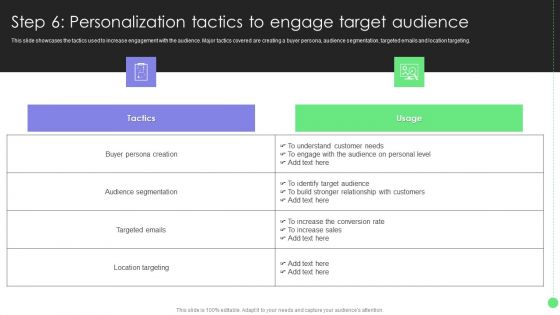 Comprehensive Guide For Launch Step 6 Personalization Tactics To Engage Target Audience Designs PDF