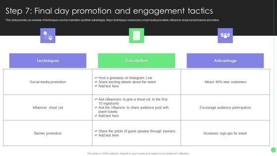 Comprehensive Guide For Launch Step 7 Final Day Promotion And Engagement Tactics Icons PDF