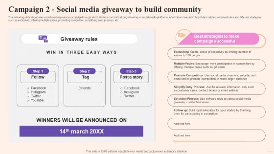 Comprehensive Guide To Build Marketing Campaign 2 Social Media Giveaway To Build Community Elements PDF