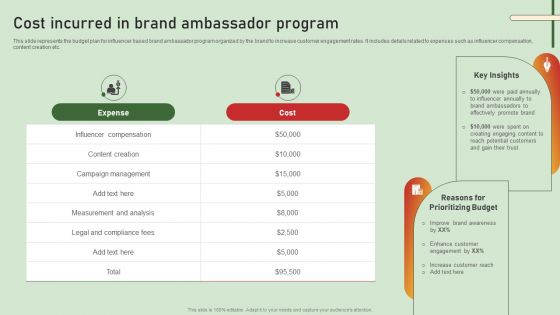 Comprehensive Influencer Promotional Guide To Improve Brand Reputation Cost Incurred In Brand Ambassador Introduction PDF