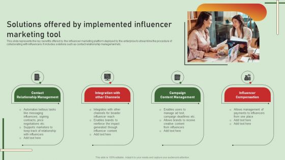 Comprehensive Influencer Promotional Guide To Improve Brand Reputation Solutions Offered By Implemented Brochure PDF