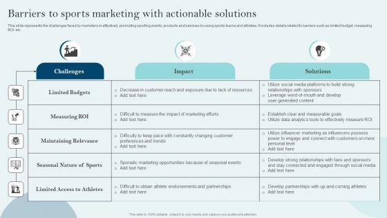 Comprehensive Sports Event Marketing Plan Barriers To Sports Marketing With Actionable Solutions Diagrams PDF