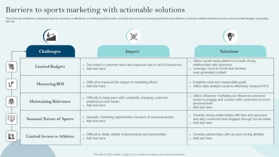 Comprehensive Sports Event Marketing Plan Barriers To Sports Marketing With Actionable Solutions Diagrams PDF Comprehensive Sports Event Marketing Plan Barriers To Sports Marketing With Actionable Solutions Diagrams PDF