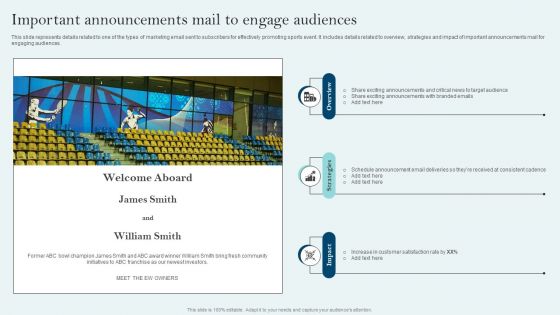 Comprehensive Sports Event Marketing Plan Important Announcements Mail To Engage Audiences Microsoft PDF