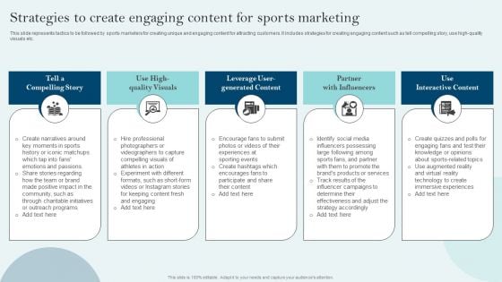 Comprehensive Sports Event Marketing Plan Strategies To Create Engaging Content Sports Marketing Icons PDF