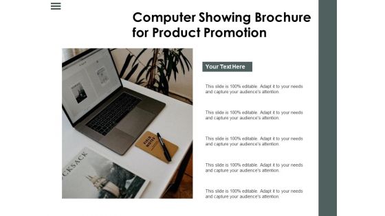 Computer Showing Brochure For Product Promotion Ppt PowerPoint Presentation Gallery Samples PDF