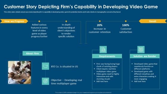 Computerized Game Pitch Deck Customer Story Depicting Firms Capability In Developing Video Game Introduction PDF