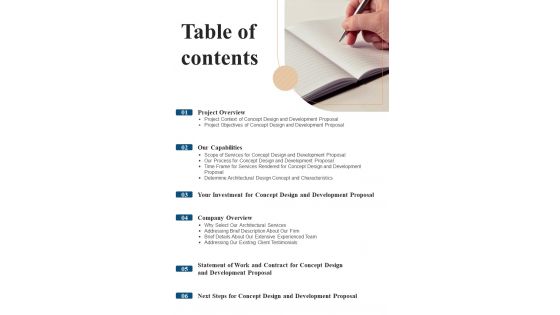 Concept Design And Development Proposal Table Of Contents One Pager Sample Example Document Concept Design And Development Proposal Table Of Contents One Pager Sample Example Document