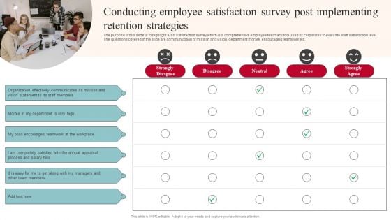 Conducting Employee Satisfaction Survey Post Implementing Retention Strategies Icons PDF