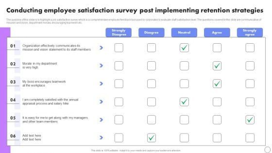 Conducting Employee Satisfaction Survey Post Implementing Retention Strategies Infographics PDF