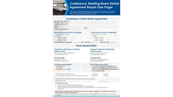 Conference Meeting Room Rental Agreement Report One Pager PDF Document PPT Template