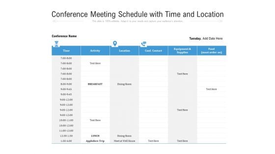 Conference Meeting Schedule With Time And Location Ppt PowerPoint Presentation File Picture PDF