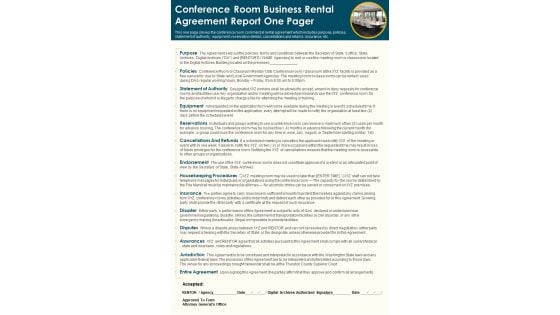 Conference Room Business Rental Agreement Report One Pager PDF Document PPT Template