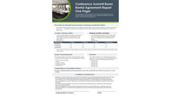 Conference Summit Room Rental Agreement Report One Pager PDF Document PPT Template