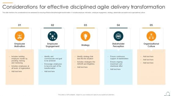 Considerations For Effective Disciplined Agile Delivery Transformation Ppt Gallery Demonstration PDF Considerations For Effective Disciplined Agile Delivery Transformation Ppt Gallery Demonstration PDF