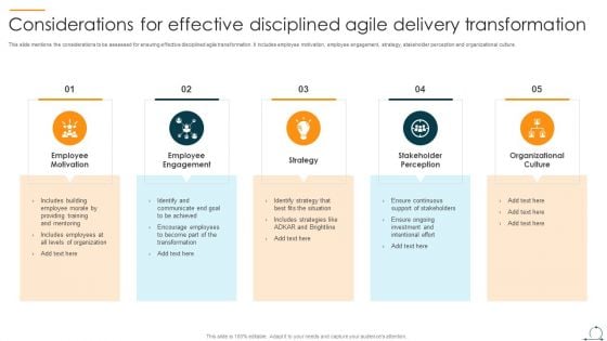 Considerations For Effective Disciplined Agile Delivery Transformation Ppt Gallery Demonstration PDF