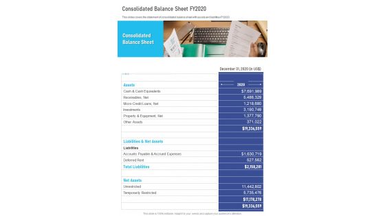 Consolidated Balance Sheet FY2020 Template 45 One Pager Documents