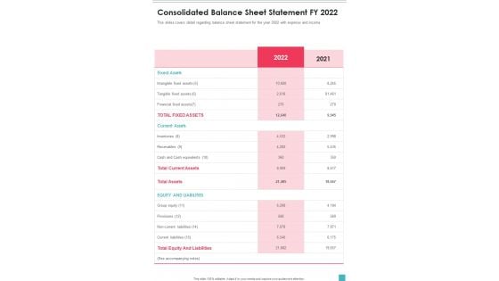 Consolidated Balance Sheet Statement FY 2022 One Pager Documents