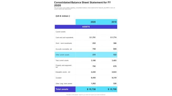 Consolidated Balance Sheet Statement For FY 2020 Template 11 One Pager Documents