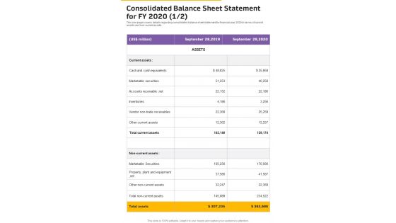 Consolidated Balance Sheet Statement For FY 2020 Template 25 One Pager Documents