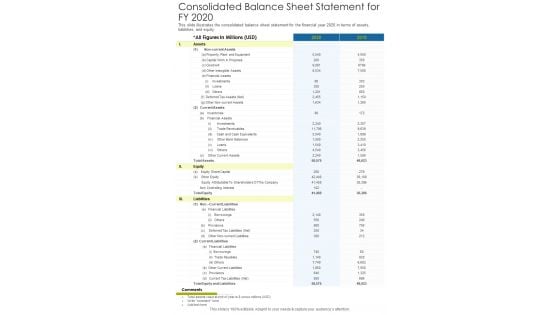 Consolidated Balance Sheet Statement For FY 2020 Template 47 One Pager Documents