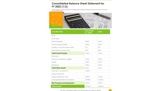 Consolidated Balance Sheet Statement For FY 2022 One Pager Documents Consolidated Balance Sheet Statement For FY 2022 One Pager Documents