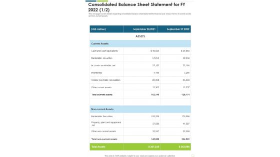 Consolidated Balance Sheet Statement For FY 2022 Template 231 One Pager Documents