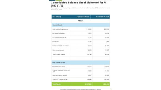 Consolidated Balance Sheet Statement For FY 2022 Template 231 One Pager Documents Consolidated Balance Sheet Statement For FY 2022 Template 231 One Pager Documents