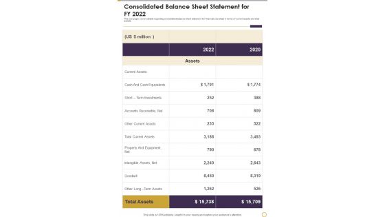 Consolidated Balance Sheet Statement For FY 2022 Template 251 One Pager Documents