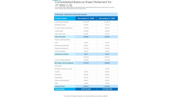 Consolidated Balance Sheet Statement For FY 2022 Template 302 One Pager Documents Consolidated Balance Sheet Statement For FY 2022 Template 302 One Pager Documents