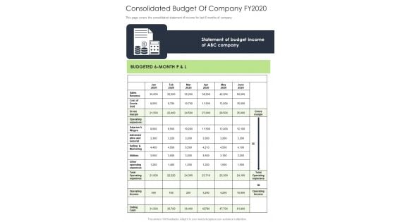 Consolidated Budget Of Company FY2020 One Pager Documents