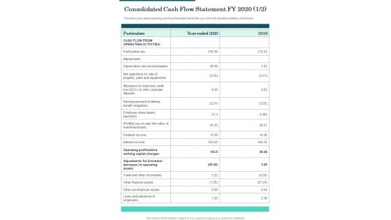 Consolidated Cash Flow Statement FY 2020 Template 52 One Pager Documents