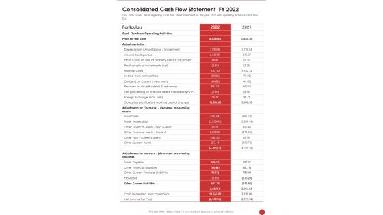 Consolidated Cash Flow Statement FY 2022 Template 361 One Pager Documents