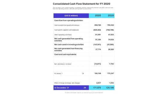 Consolidated Cash Flow Statement For FY 2020 Template 12 One Pager Documents