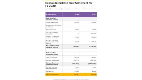 Consolidated Cash Flow Statement For FY 2020 Template 26 One Pager Documents Consolidated Cash Flow Statement For FY 2020 Template 26 One Pager Documents