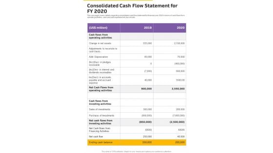 Consolidated Cash Flow Statement For FY 2020 Template 26 One Pager Documents