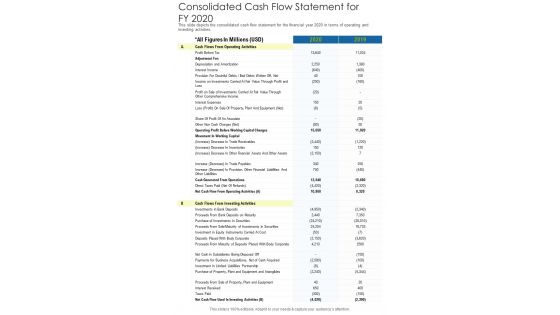 Consolidated Cash Flow Statement For FY 2020 Template 48 One Pager Documents