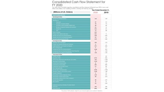 Consolidated Cash Flow Statement For FY 2020 Template 60 One Pager Documents