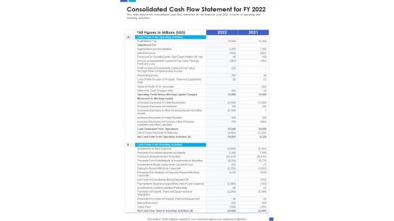 Consolidated Cash Flow Statement For FY 2022 Template 143 One Pager Documents