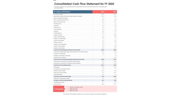 Consolidated Cash Flow Statement For FY 2022 Template 213 One Pager Documents