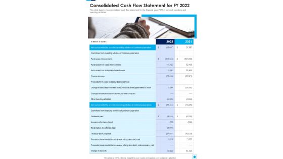 Consolidated Cash Flow Statement For FY 2022 Template 222 One Pager Documents