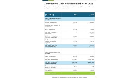 Consolidated Cash Flow Statement For FY 2022 Template 232 One Pager Documents