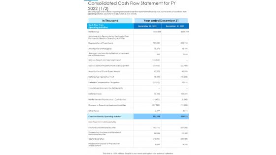 Consolidated Cash Flow Statement For FY 2022 Template 303 One Pager Documents